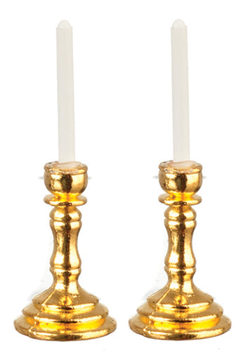 Miniature Pair of Round Brass Candlesticks with Candles