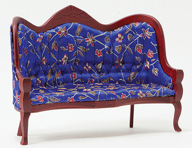 Victorian Sofa, Mahogany with Blue Floral Fabric 1" scale