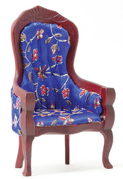 Victorian Gentleman's Chair, Mahogany with Blue Floral Fabric 1" scale