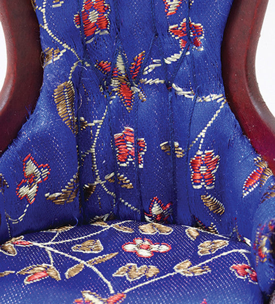Victorian Gentleman's Chair, Mahogany with Blue Floral Fabric 1" scale