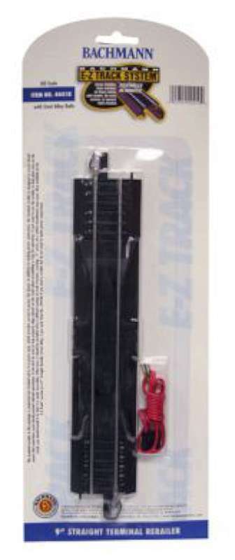 HO Scale 9" Straight Terminal Rerailer with Wire with Steel Alloy Rails and Black Roadbed