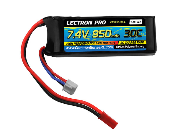 Lectron Pro 7.4V 950mAh 30C Lipo Battery with JST Connector