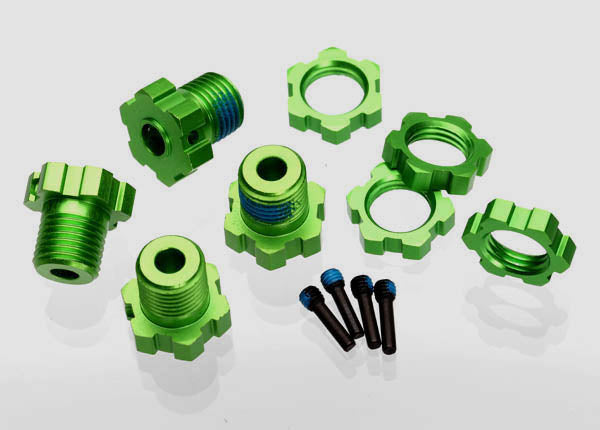 Wheel hubs, splined, 17mm (green-anodized) (4)/ wheel nuts, splined, 17mm (blue-anodized) (4)/ screw pins, 4x13mm (with threadlock) (4)